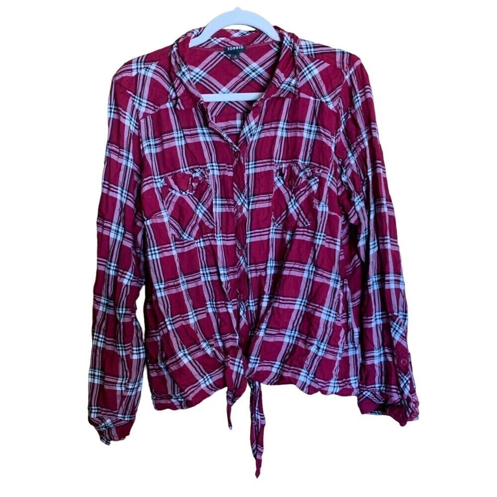 Torrid Size 3X Multicolor Plaid Taylor Slim Fit Rayon Twill Crop Button Up Shirt